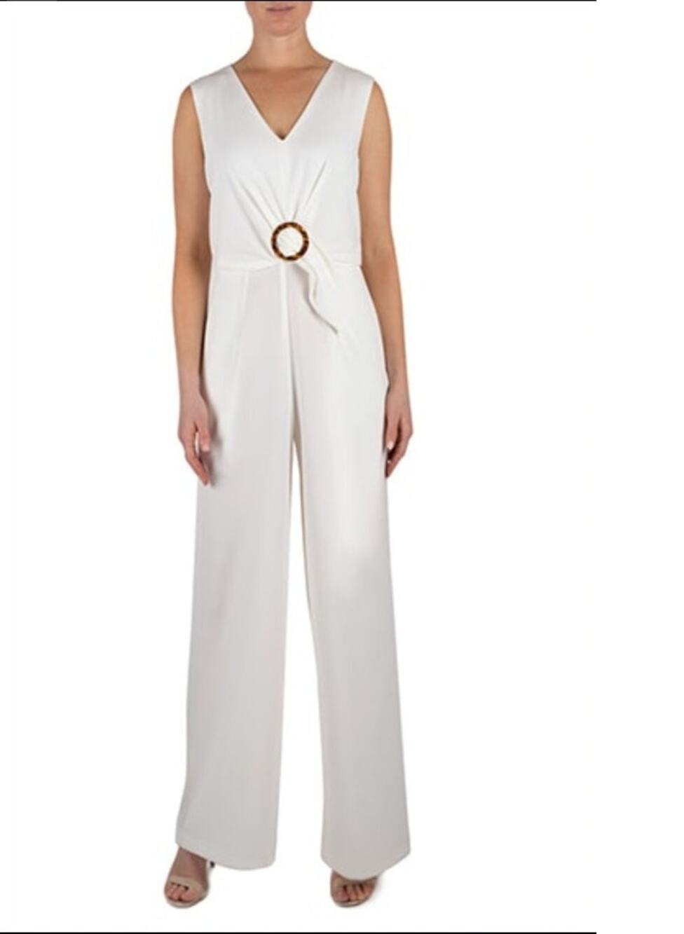Julia Jordan White Wide Leg Jumpsuit Size 4 Sleeveless V Neck Tortoise Buckle
